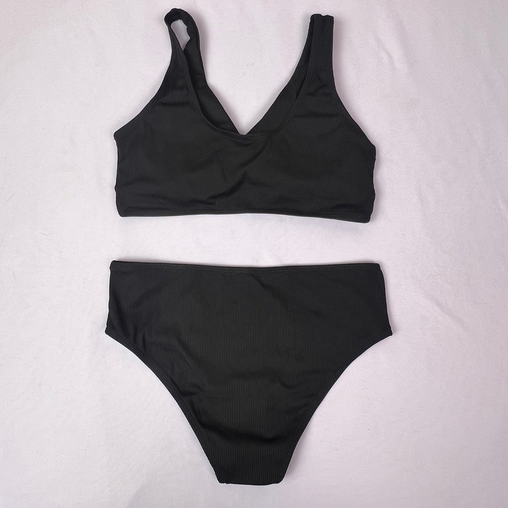 Girls Black Ribbed Twist Front High Waisted Bikini Set Size 14Y - Picture 2 of 5
